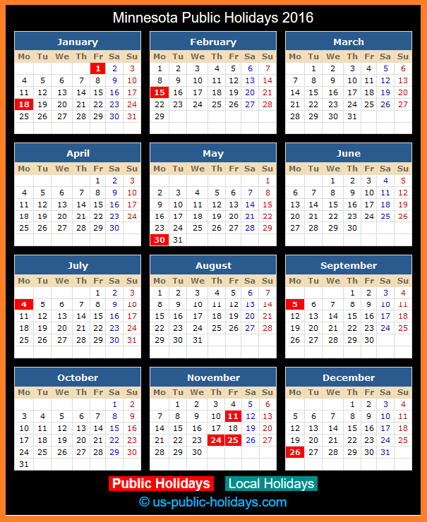 Minnesota Holiday Calendar 2016